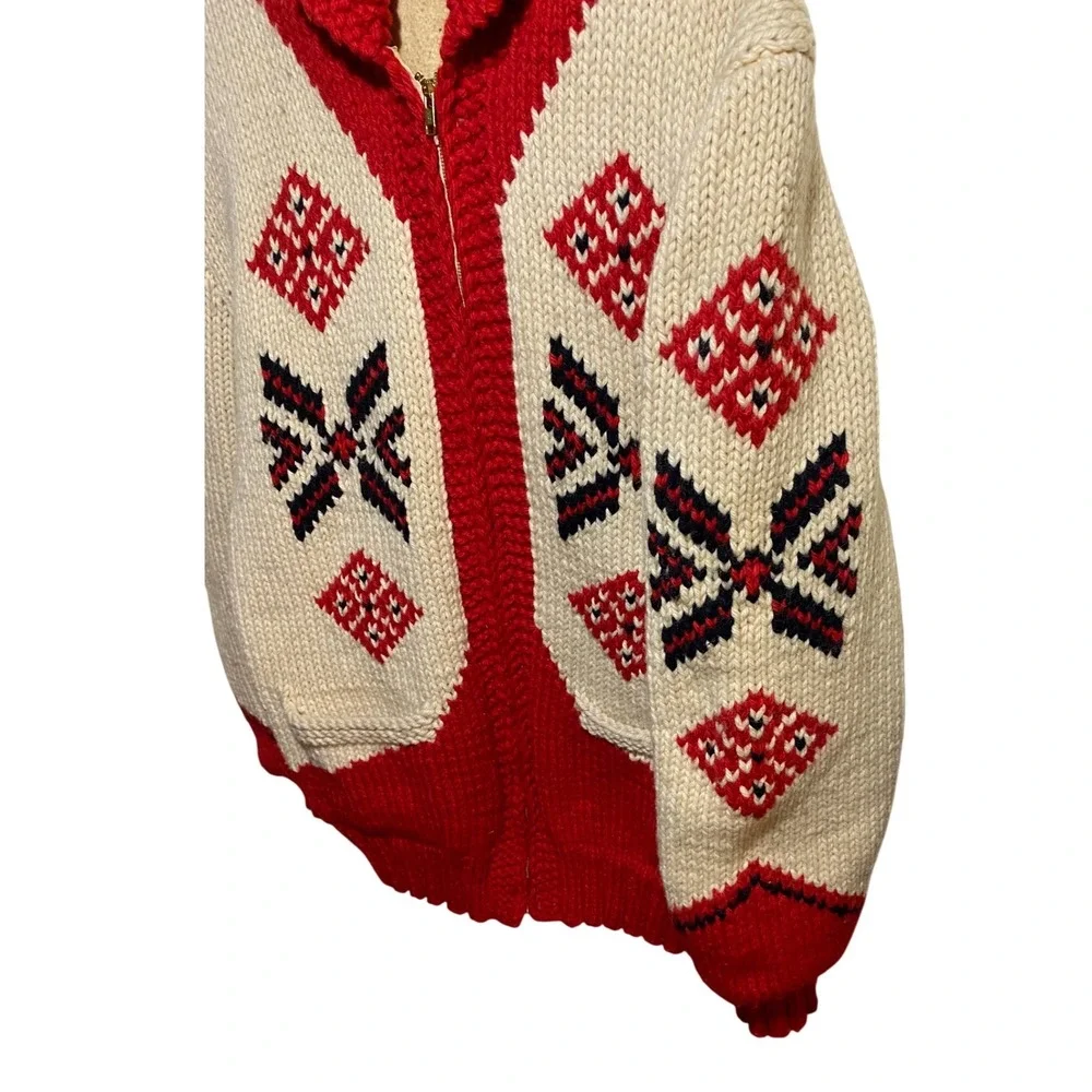 Vintage Mary Maxim Pueblo Indian Hand Knit Cowichan Sweater‎ Red Cream Zip XL